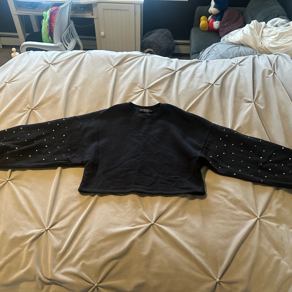 Black Cropped Sweater with bedazzled sleeve Accents
